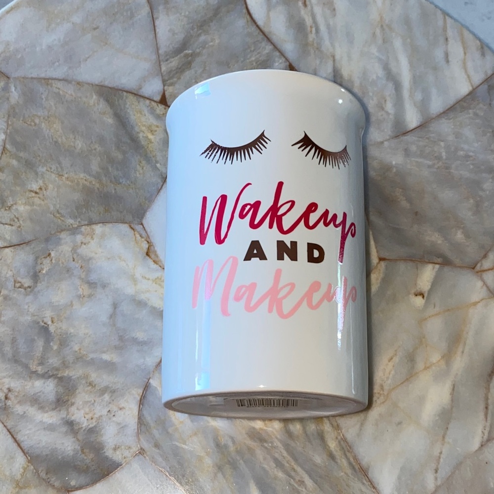Adrienne Vittadini White Makeup Brush Holder with Pink and Black Text